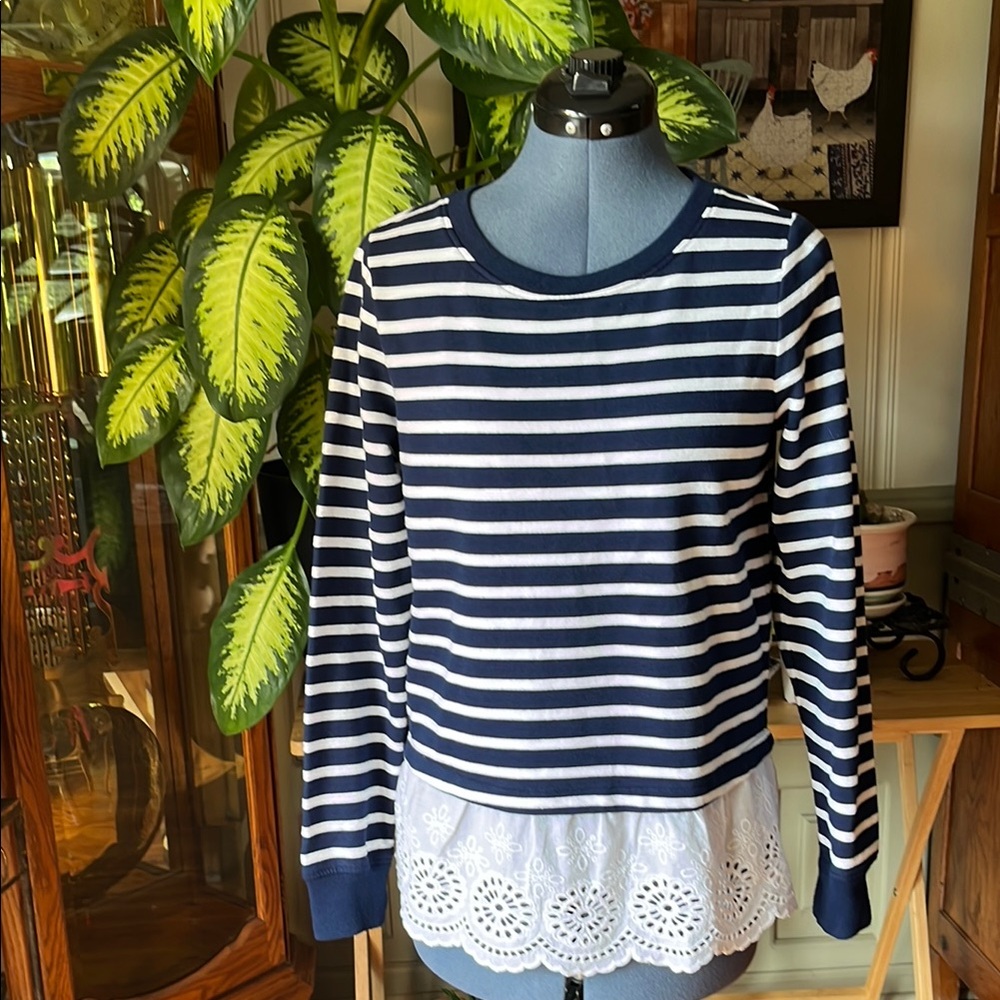 Crown & Ivy Navy and White Striped Top with Lace Hem